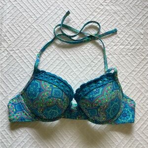 Aerie Pushup Blue Turquoise Crochet Halter Swim Bikini Top 36B 
underwire